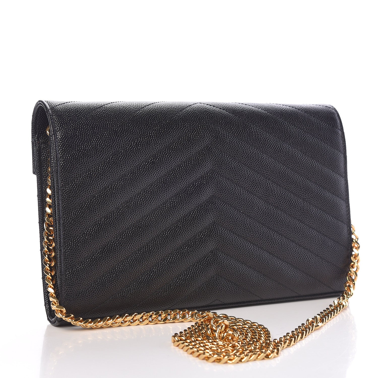 Saint Laurent Grain De Poudre Matelasse Chevron Monogram Chain Wallet Black 3 of 15