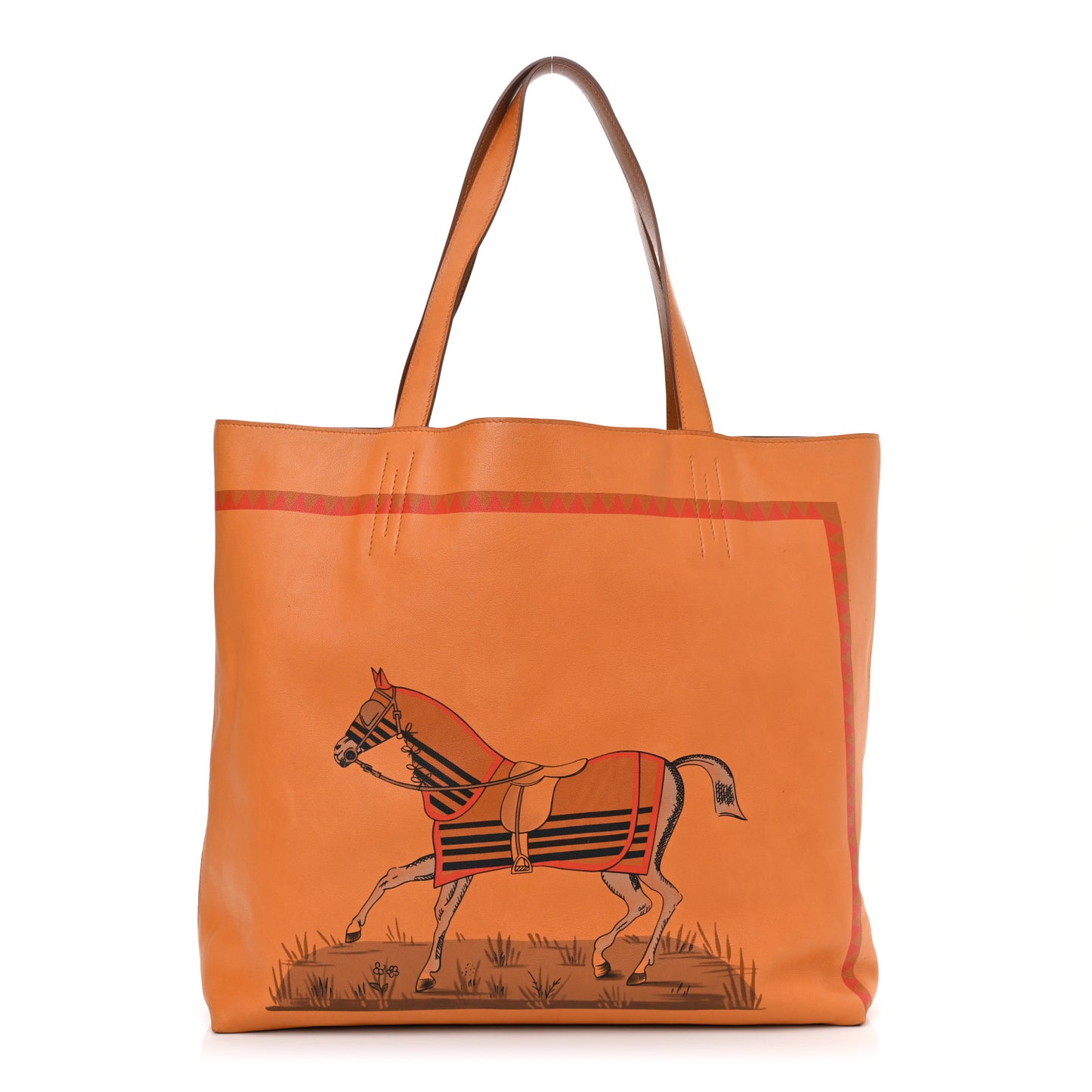 Veau Sikkim Horse Print Double Sens 36 Reversible Tote Cognac Fauve