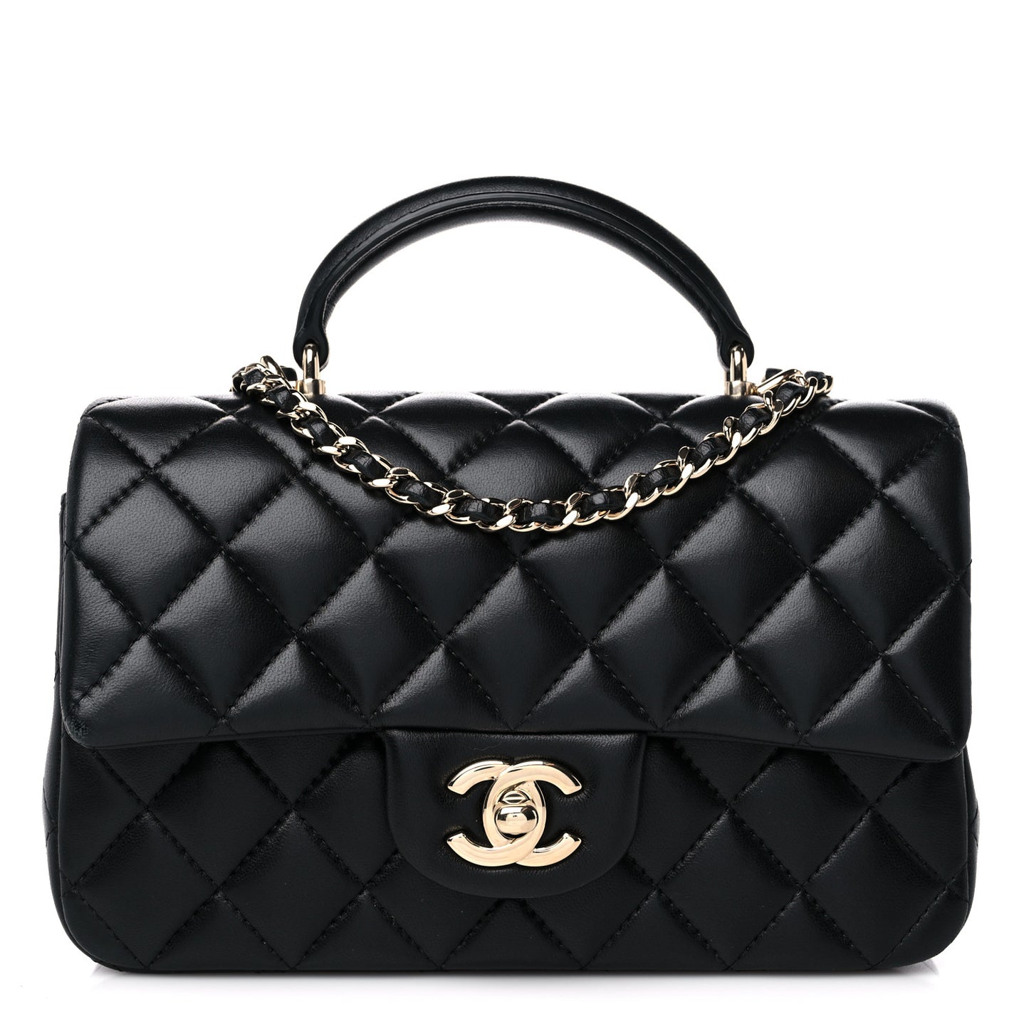 Lambskin Quilted Mini Top Handle Rectangular Flap Black