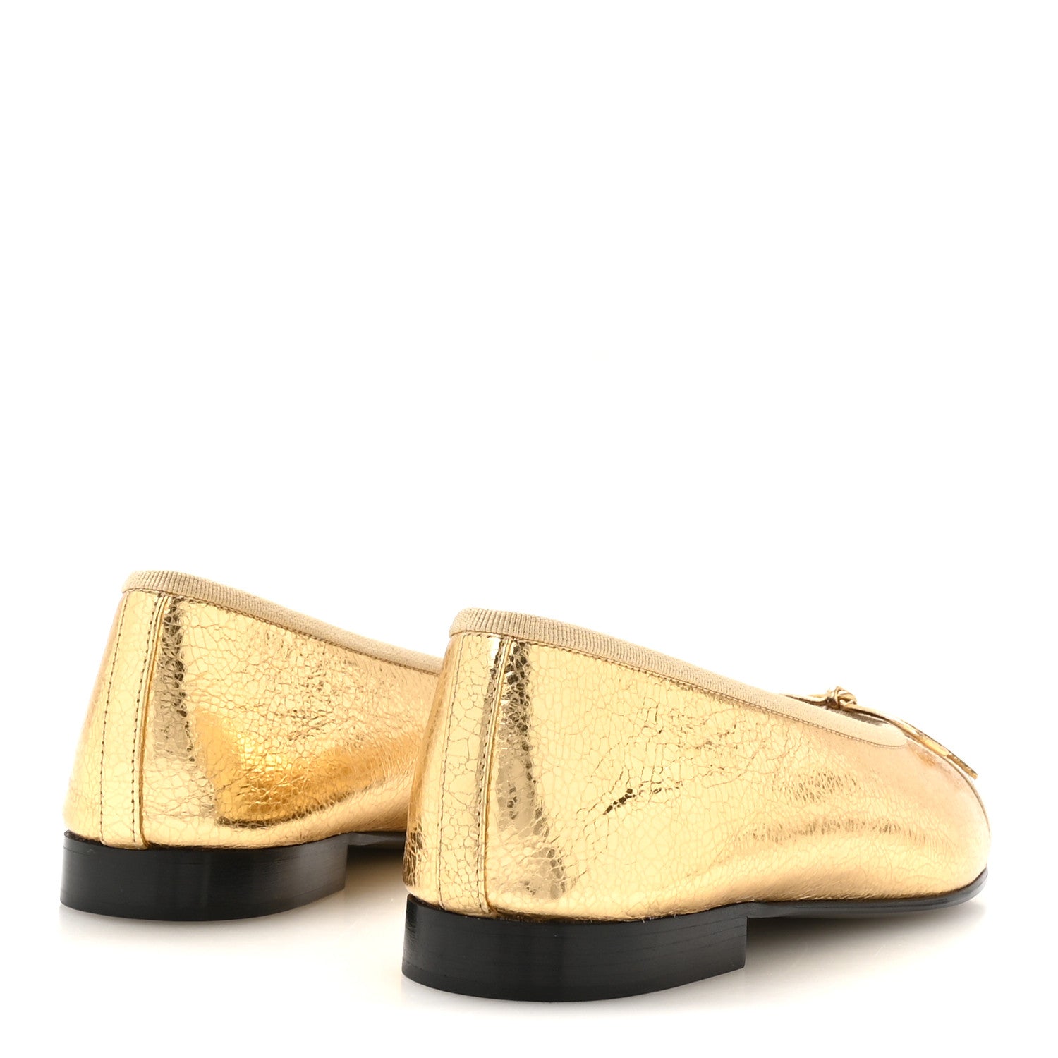 Chanel Metallic Crackled Laminated Calfskin CC Cap Toe Ballerina Flats 37.5 Gold Silver 5 of 9