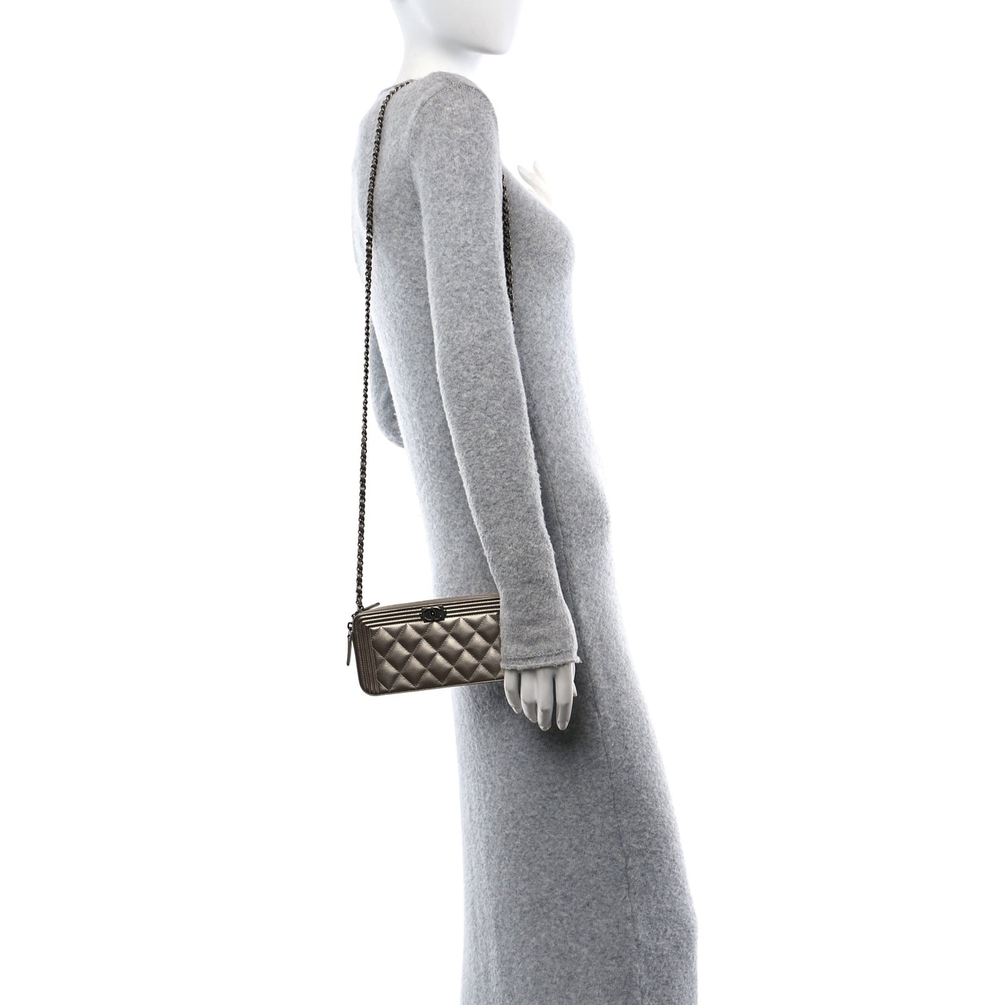 Metallic Caviar Quilted Small Boy Clutch With Chain Copper