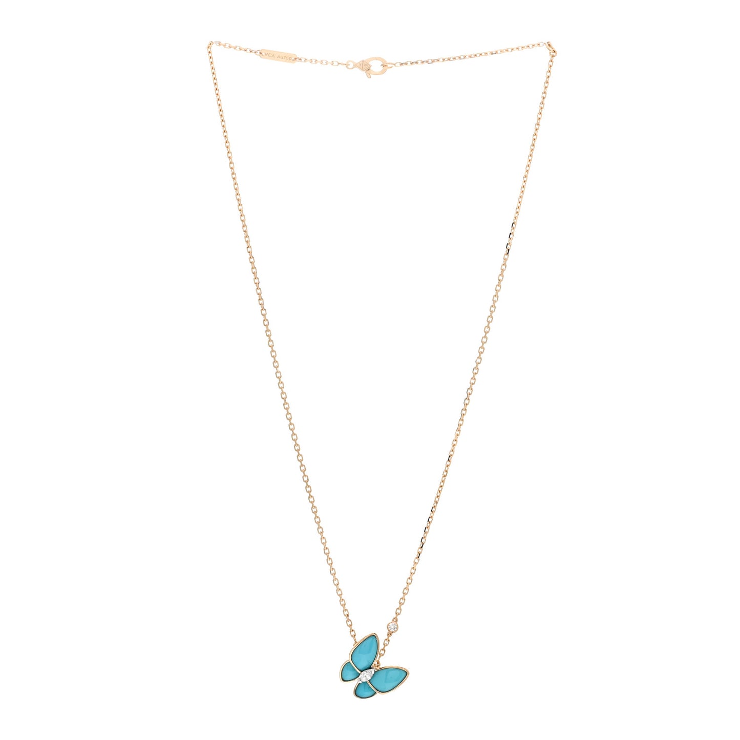 18K Yellow Gold Diamond Turquoise Two Butterfly Pendant Necklace