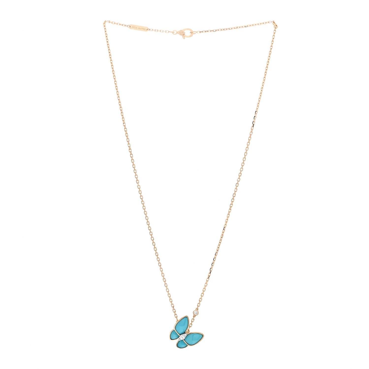 Van Cleef & Arpels 18K Yellow Gold Diamond Turquoise Two Butterfly Pendant Necklace 3 of 6