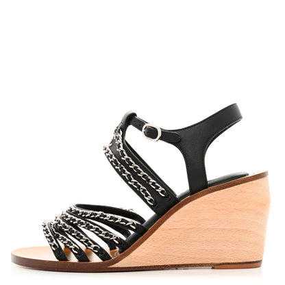 Chanel Lambskin Quilted Chain Wedge Sandals 36 Black 2 of 11