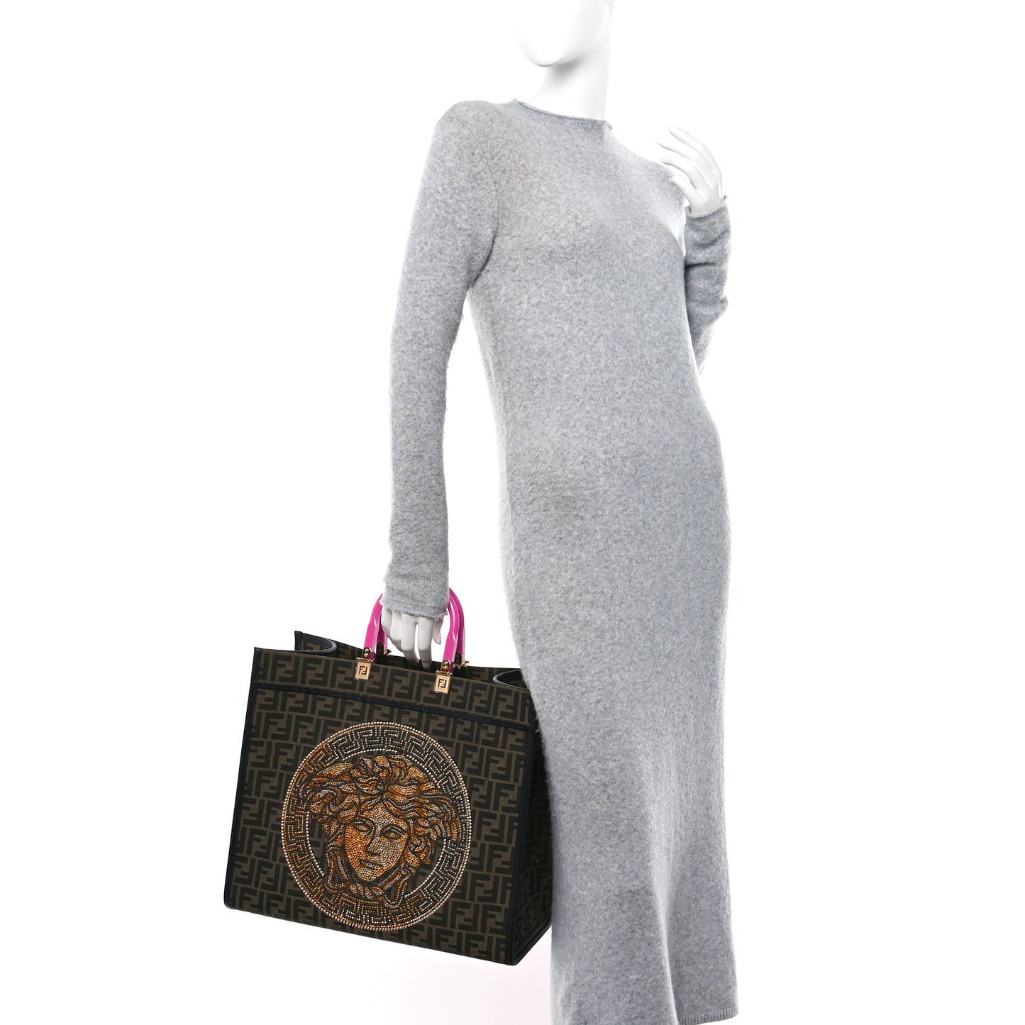 X VERSACE Fabric Jacquard Calfskin Plexiglass Fendace FF Medusa Studded Large Fendi Sunshine Shopper Tote Marrone Fuxia