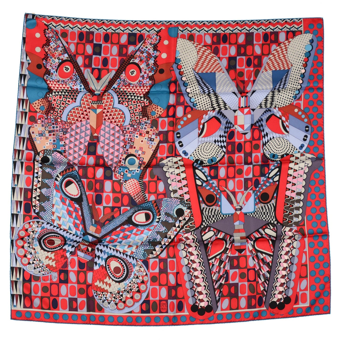 Silk Les Ailes De La Soie Scarf 90 Rouge Brique Bleu Parme