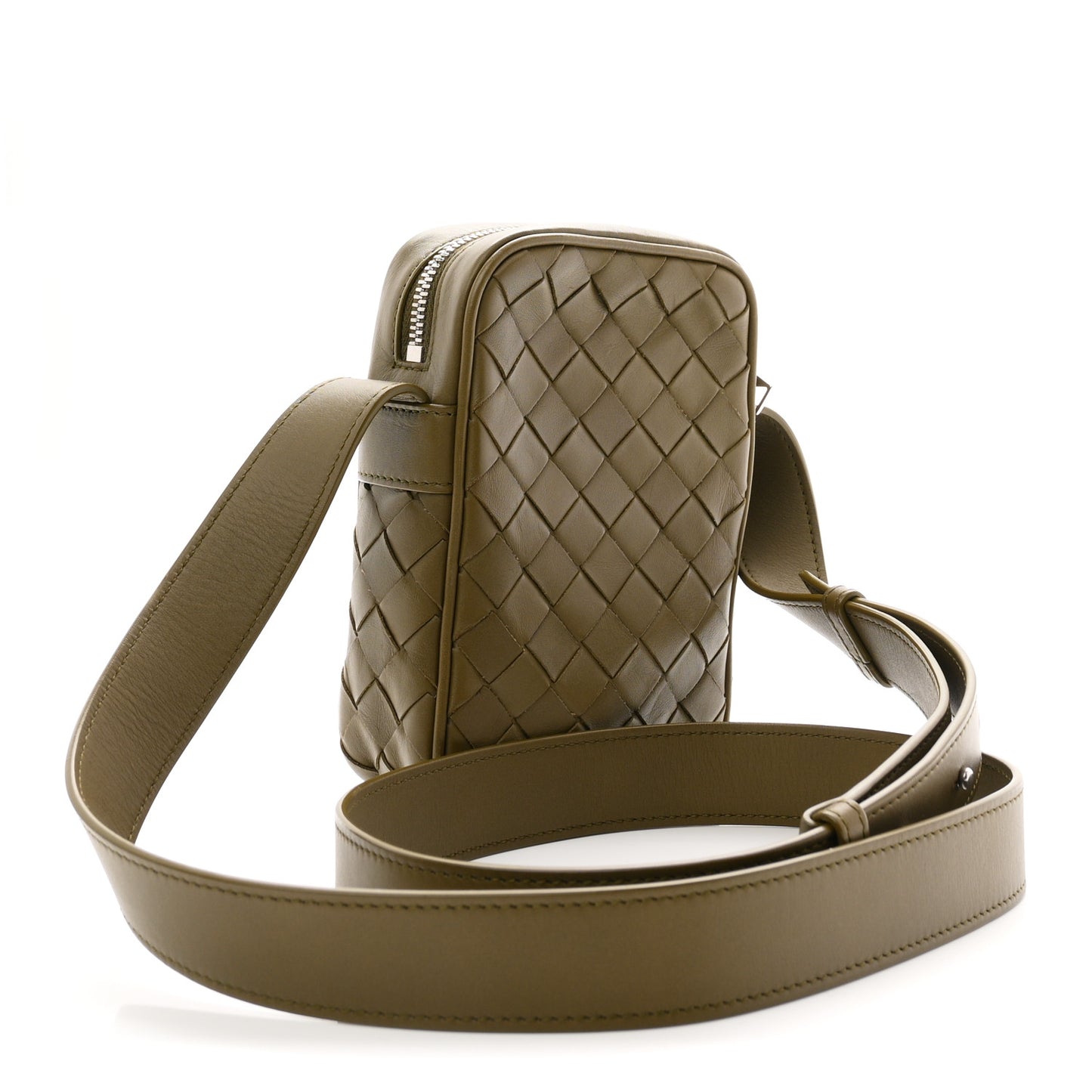 Calfskin Intrecciato Mini Cassette Phone Holder Crossbody Khaki