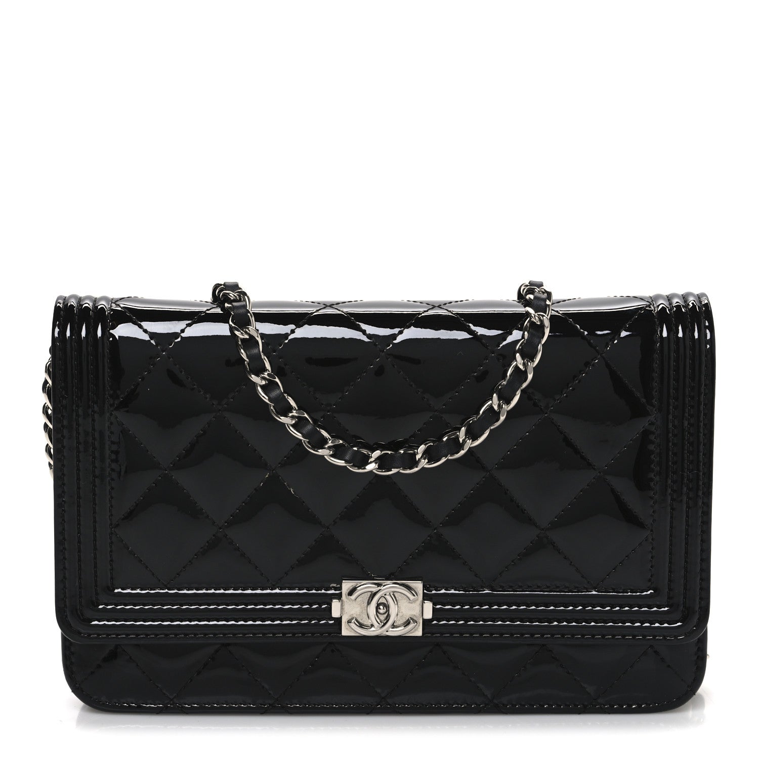 Chanel Patent Calfskin Quilted Boy Wallet On Chain WOC Black 1 of 11