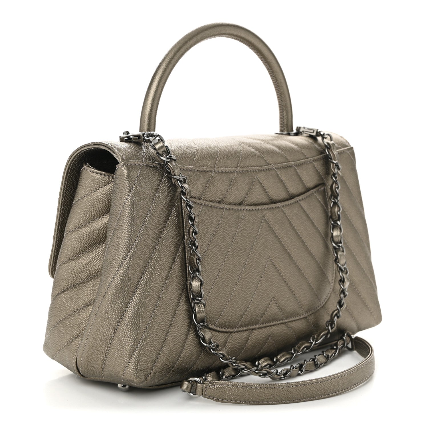 Chanel Metallic Caviar Chevron Quilted Small Coco Handle Flap Light Gold 3 of 11