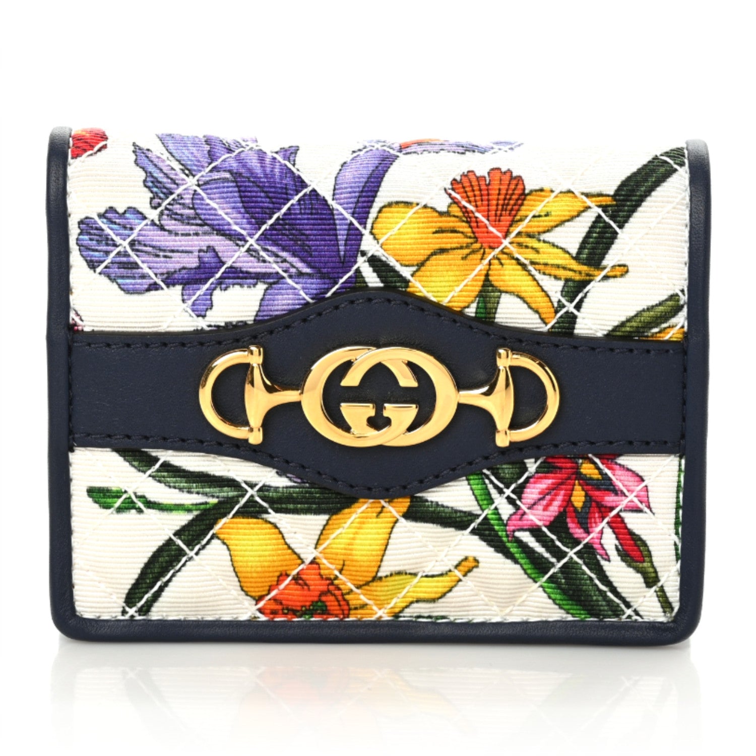 Gucci Canvas Flora Floral Trapuntata Zumi Card Case Wallet Great White Multicolor Blue Agata 1 of 7