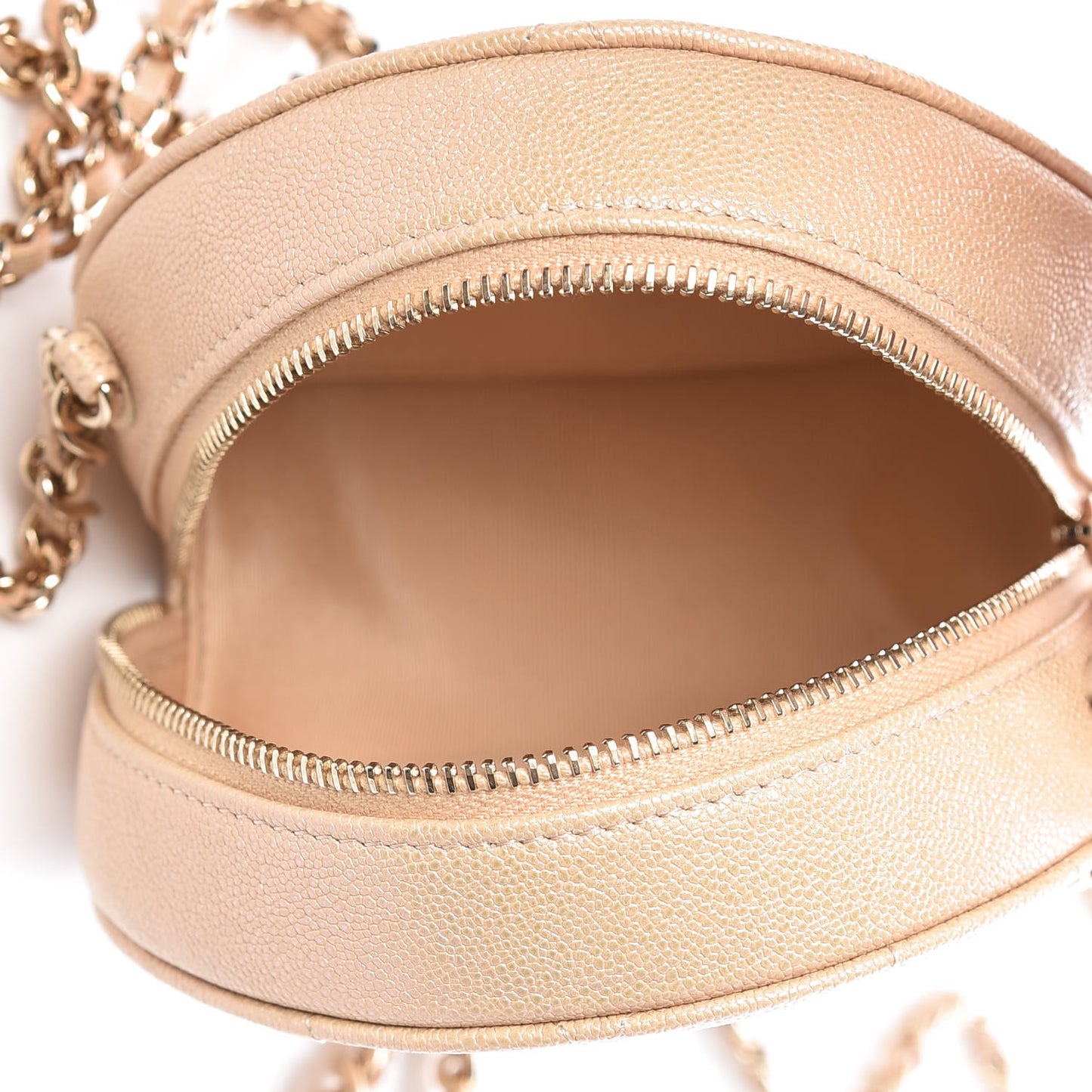 Iridescent Caviar Quilted Round Clutch With Chain Beige