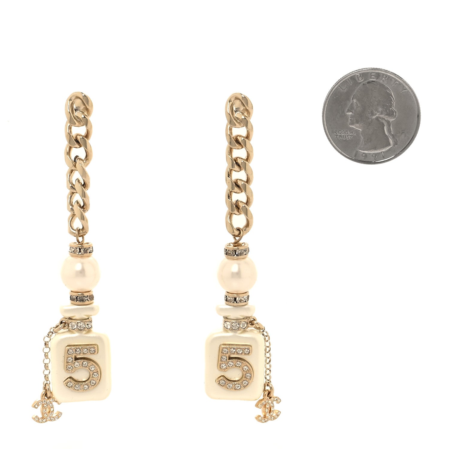 Chanel Pearl Resin Crystal CC No 5 Perfume Bottle Chain Drop Earrings Gold Pearly White 2 of 5