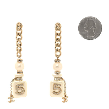 Chanel Pearl Resin Crystal CC No 5 Perfume Bottle Chain Drop Earrings Gold Pearly White 2 of 5