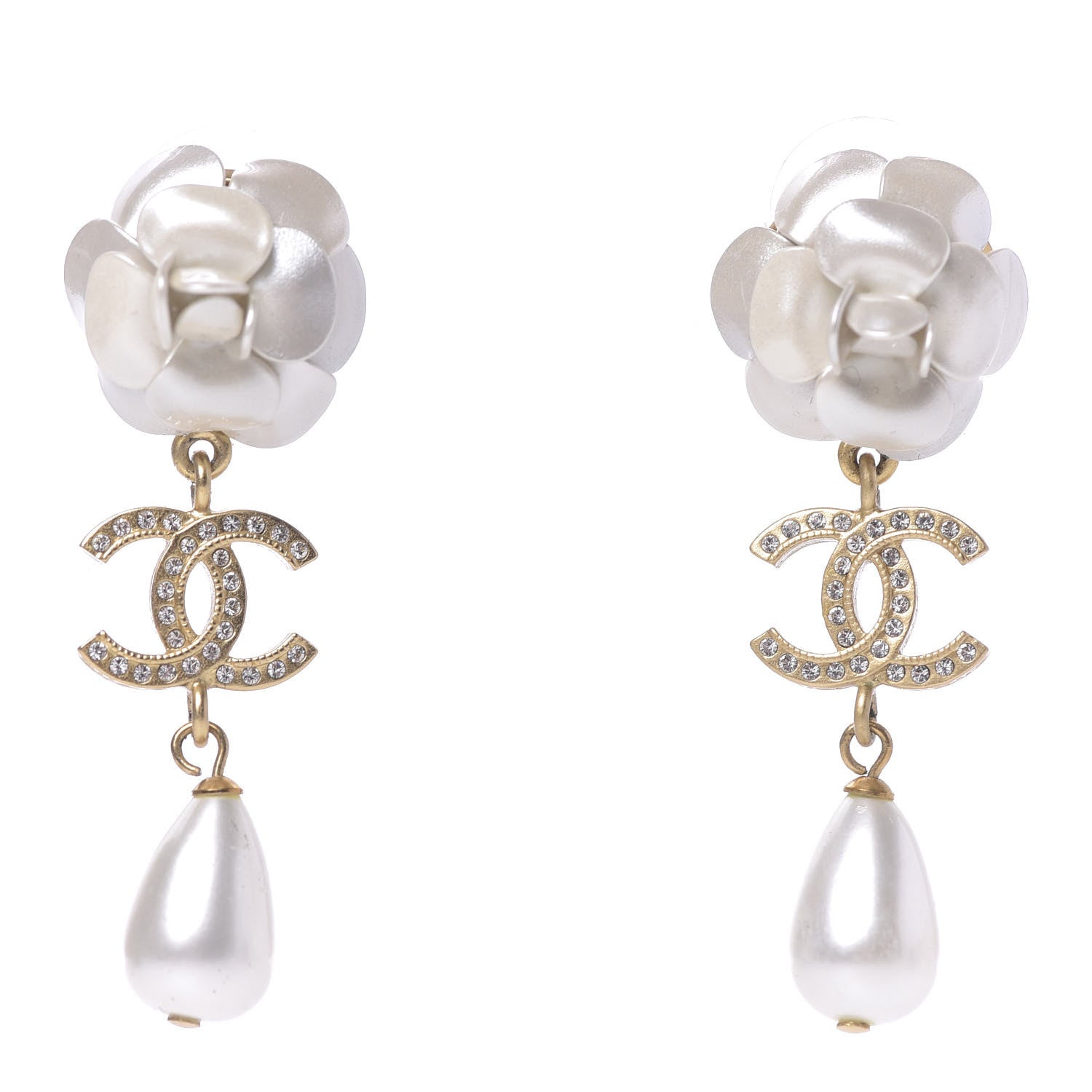 Chanel Metal Crystal Pearl 90s Camellia CC Drop Earrings Gold 1 of 5