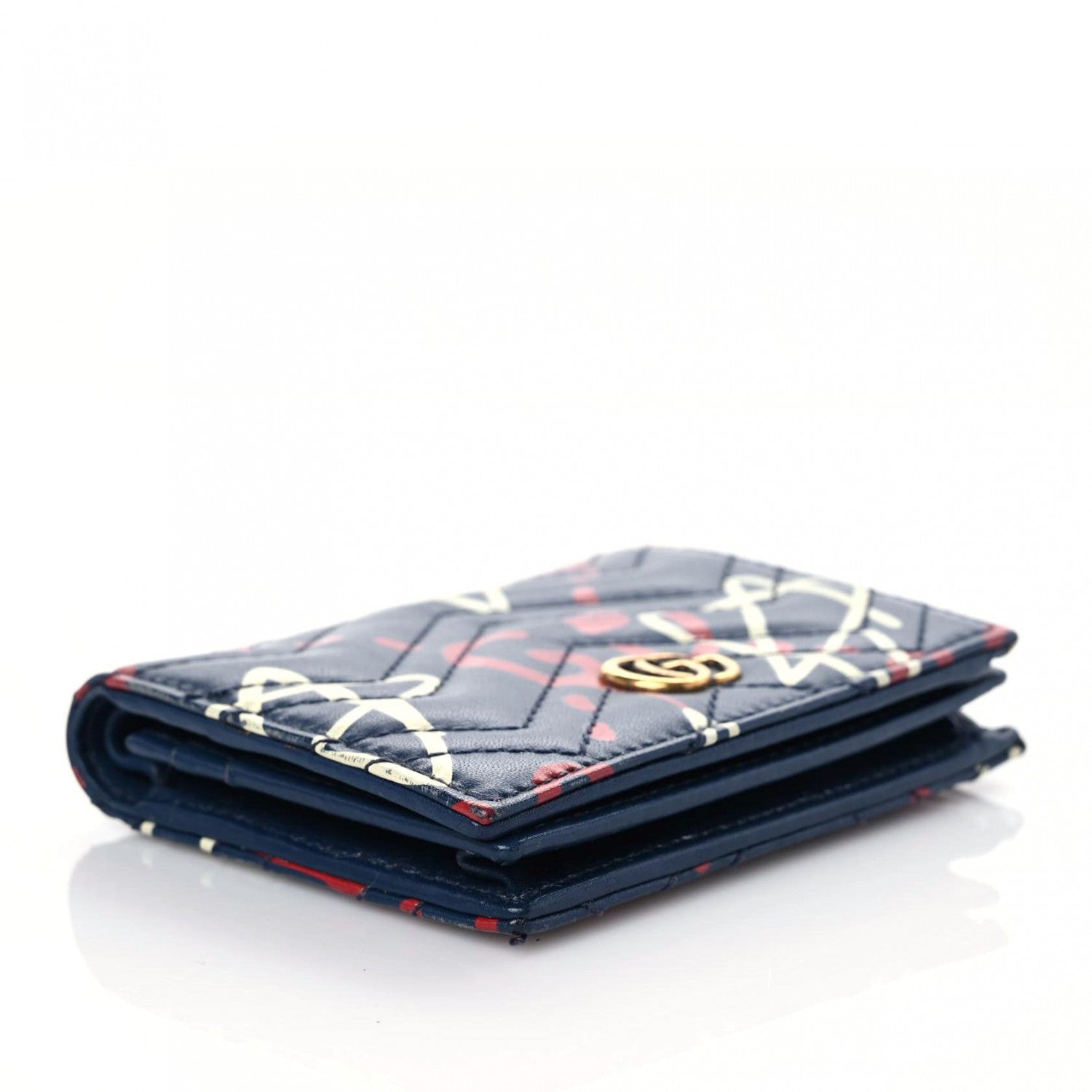 Gucci Calfskin Matelasse GucciGhost GG Marmont Card Case Blue Agata Hibiscus Red 3 of 19