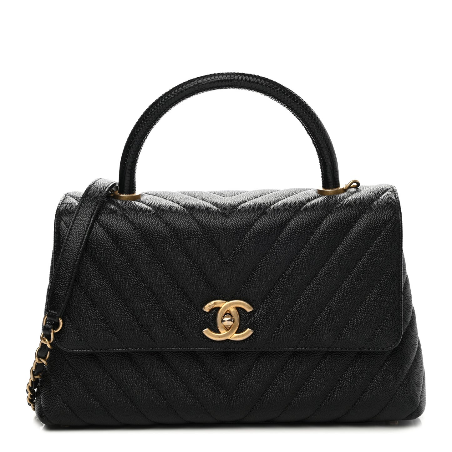Caviar Chevron Quilted Small Coco Handle Flap Black