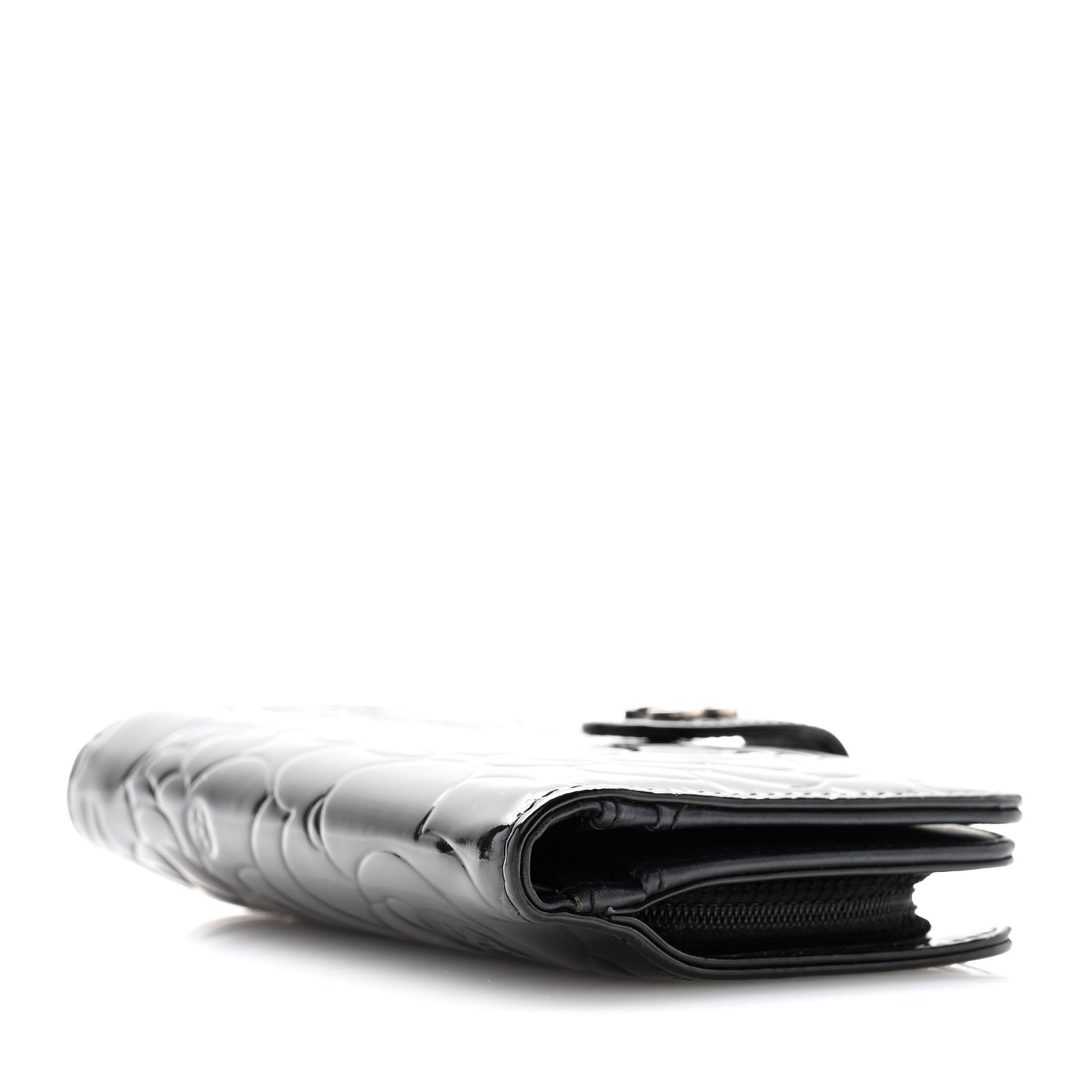 Patent Camellia Embossed Zipped Pocket Wallet Black