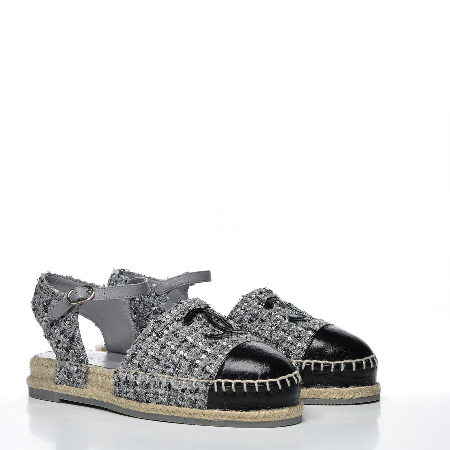 Sequin Tweed Glazed Calfskin Patent Cap Toe CC Espadrille Sandals 37 Black Grey