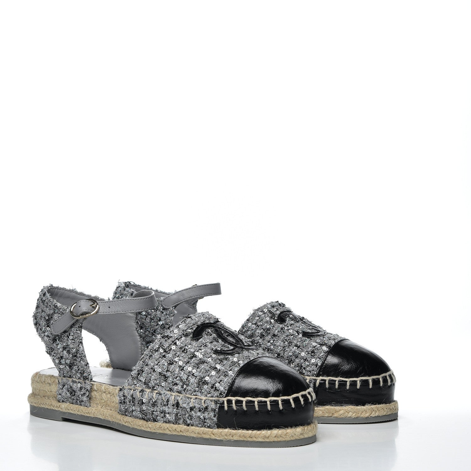 Chanel Sequin Tweed Glazed Calfskin Patent Cap Toe CC Espadrille Sandals 37 Black Grey 4 of 10