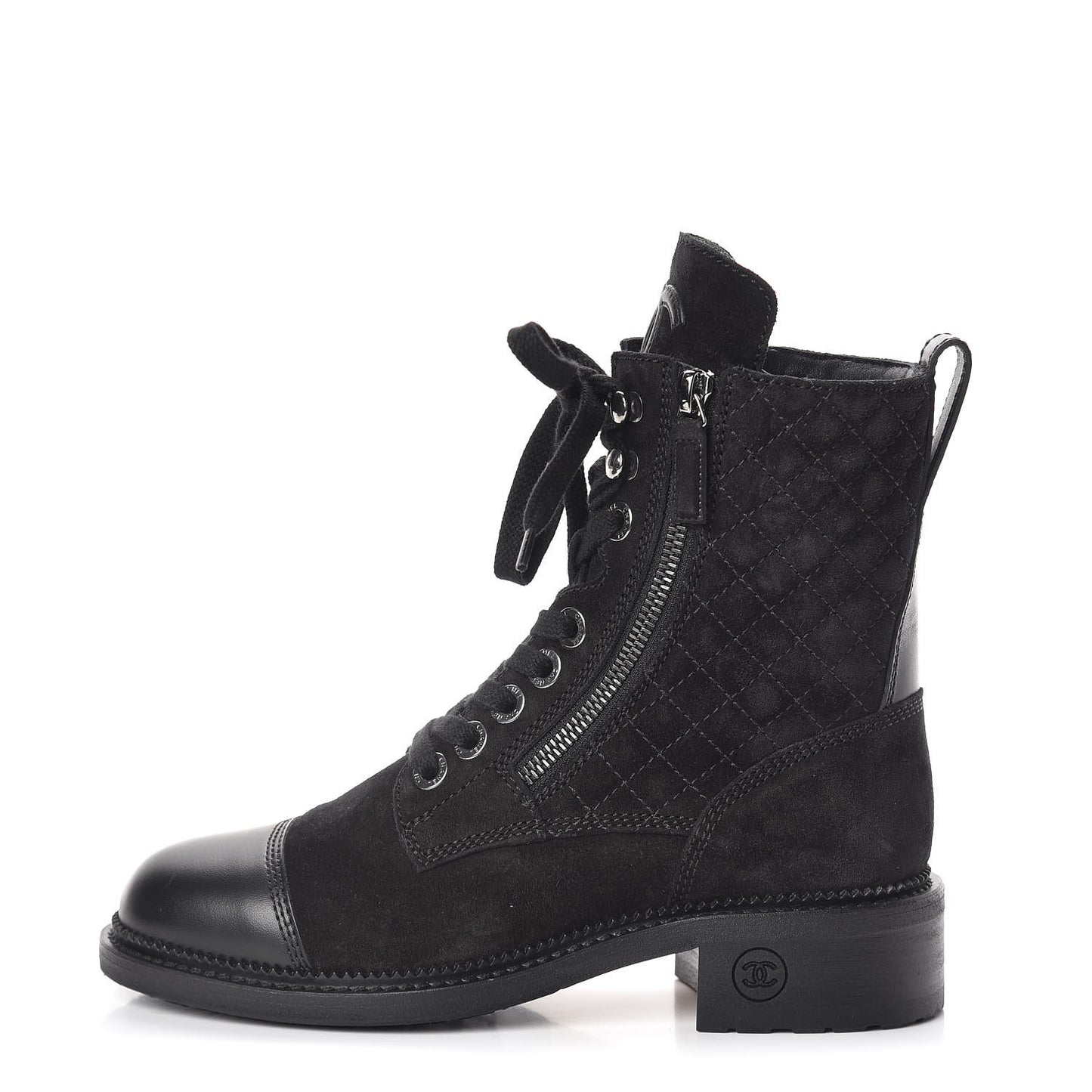 Suede Calfskin Quilted Lace Up Boots 36 Black