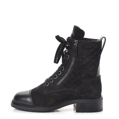 Chanel Suede Calfskin Quilted Lace Up Boots 36 Black 1 of 8