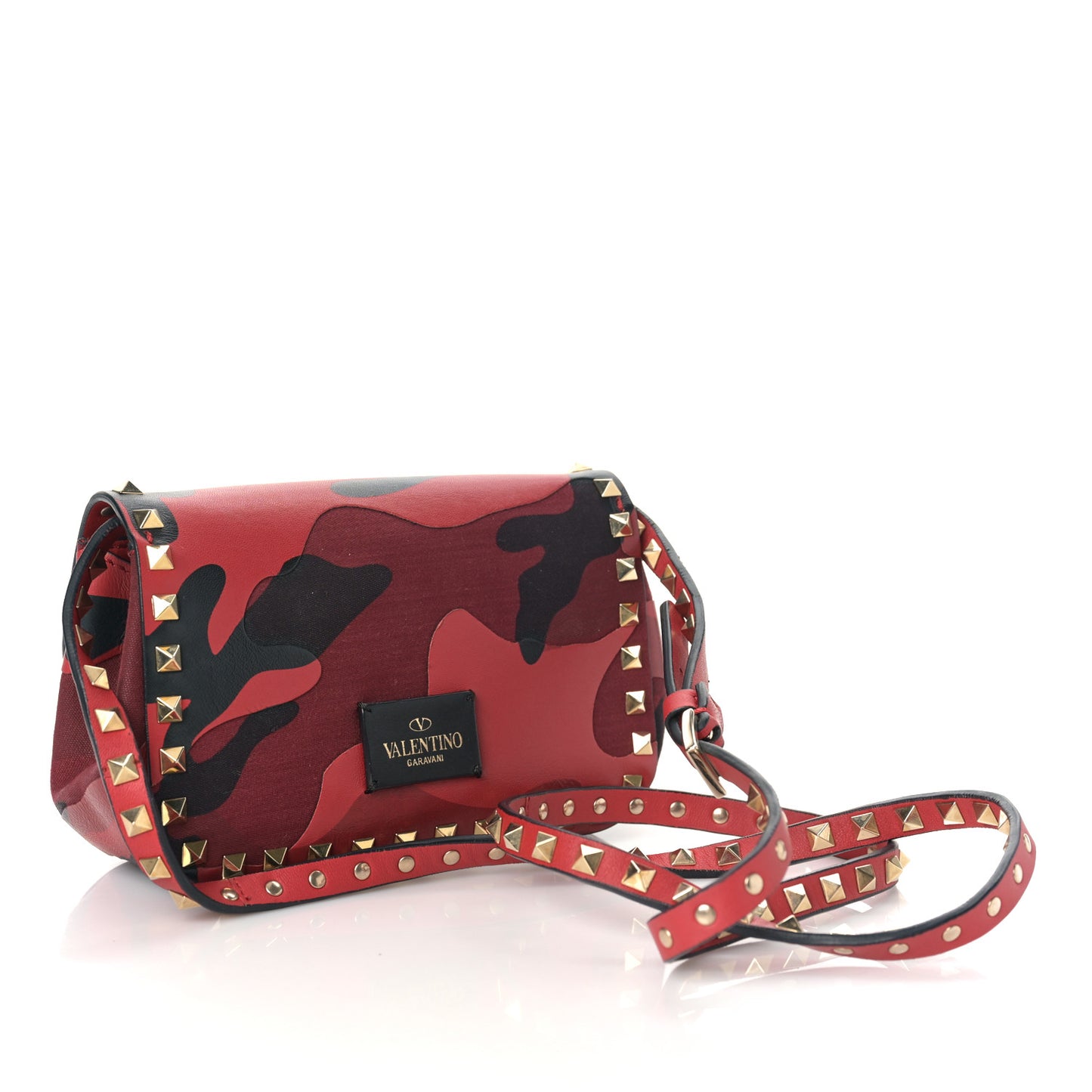 Nappa Canvas Camouflage Mini Rockstud Flap Saddle Crossbody Bag Red