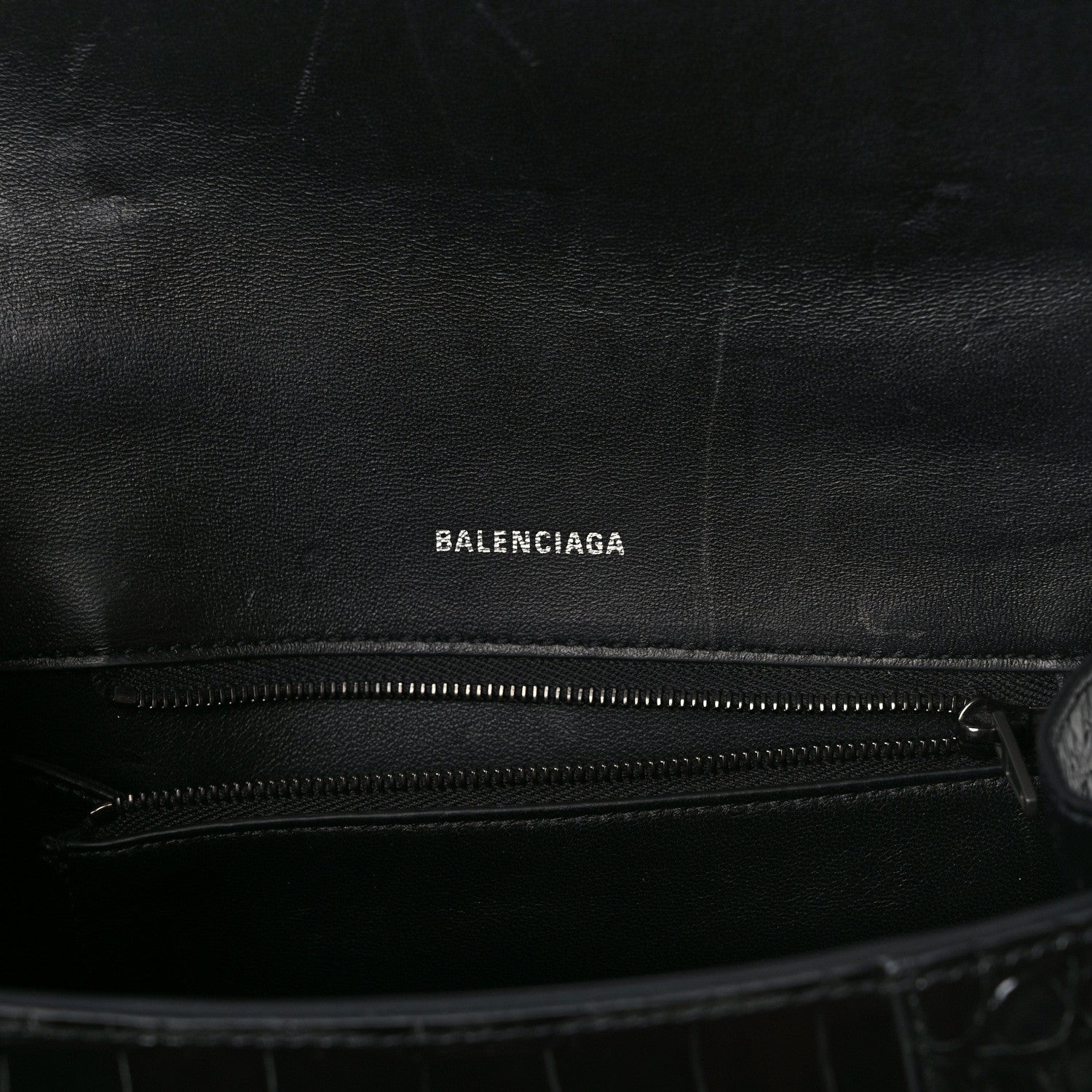 Balenciaga Shiny Calfskin Monochrome Crocodile Embossed Small Hourglass Top Handle Bag Black 6 of 14