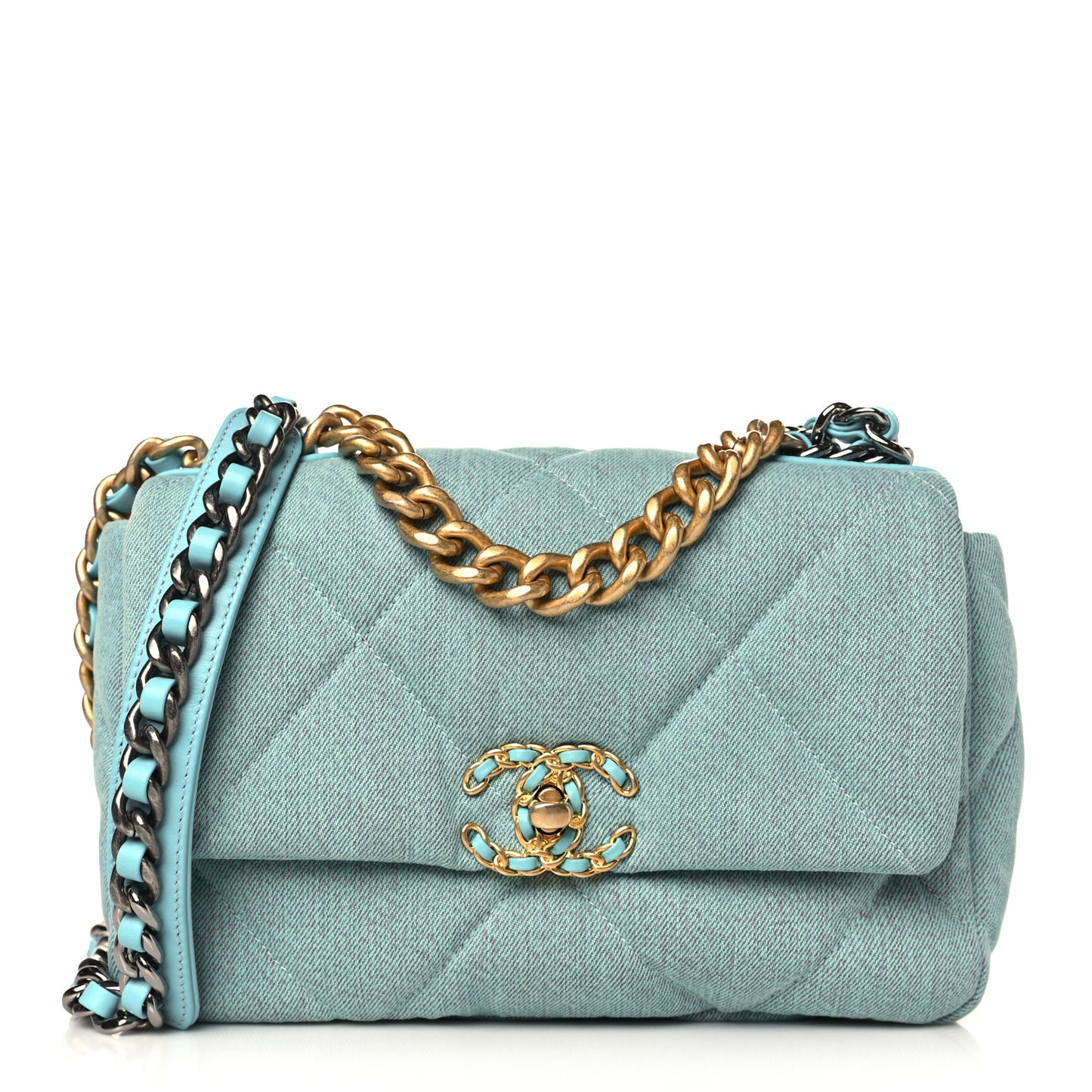 Denim Quilted Medium Chanel 19 Flap Neon Blue