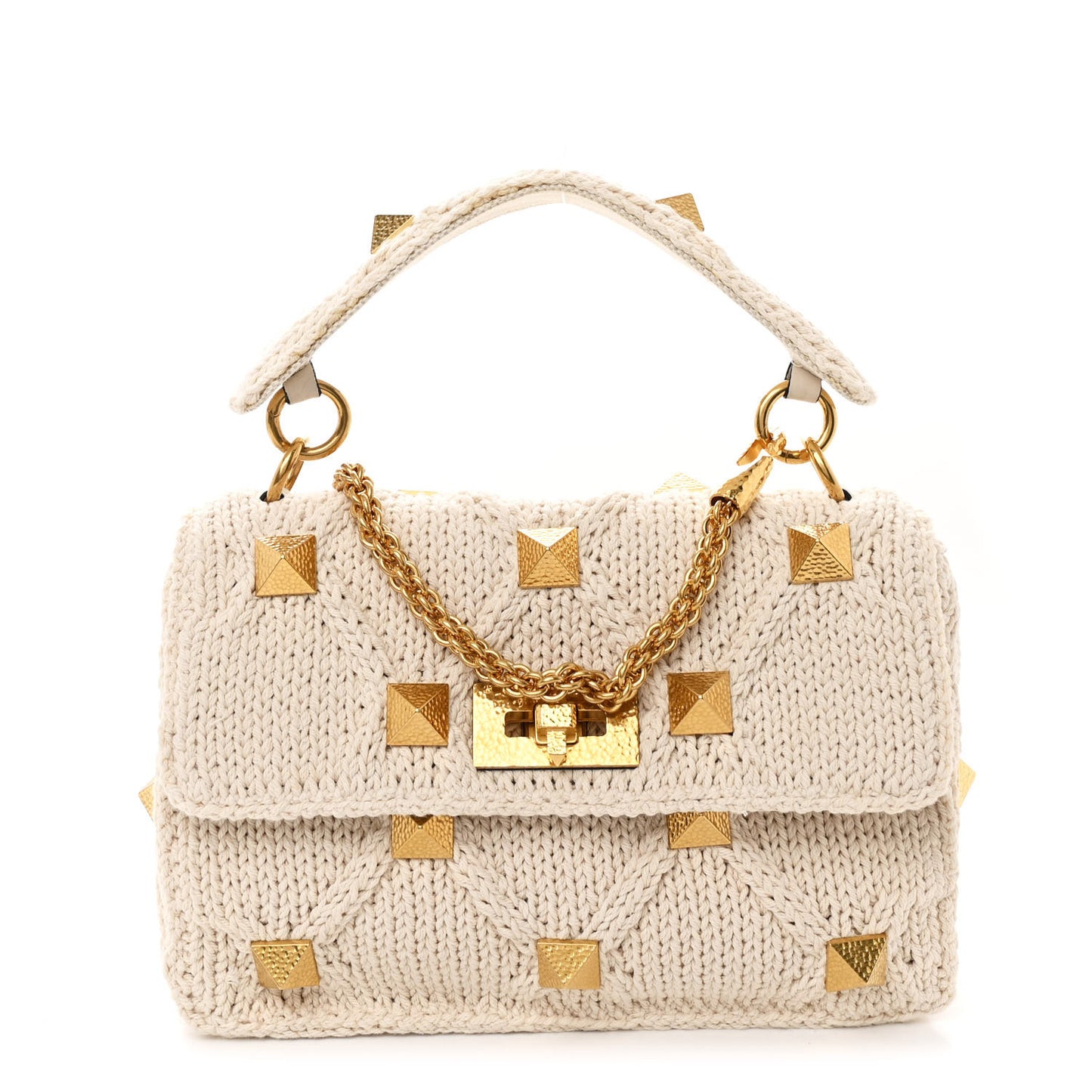 Knit Medium Roman Stud Shoulder Bag Ecru