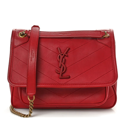 Saint Laurent Crinkled Calfskin Matelasse Monogram Baby Niki Chain Satchel Rouge Eros 1 of 11
