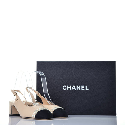Chanel Lambskin Grosgrain Pearl Cap Toe CC Slingback Pumps 37 Beige Black 9 of 9