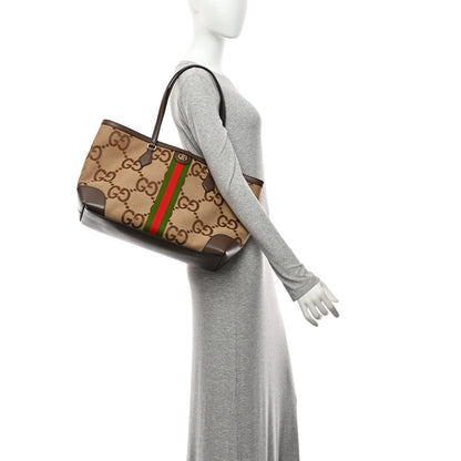 Gucci Monogram Jumbo GG Textured Dollar Calfskin Web Medium Ophidia Shopping Tote Camel Ebony 2 of 11