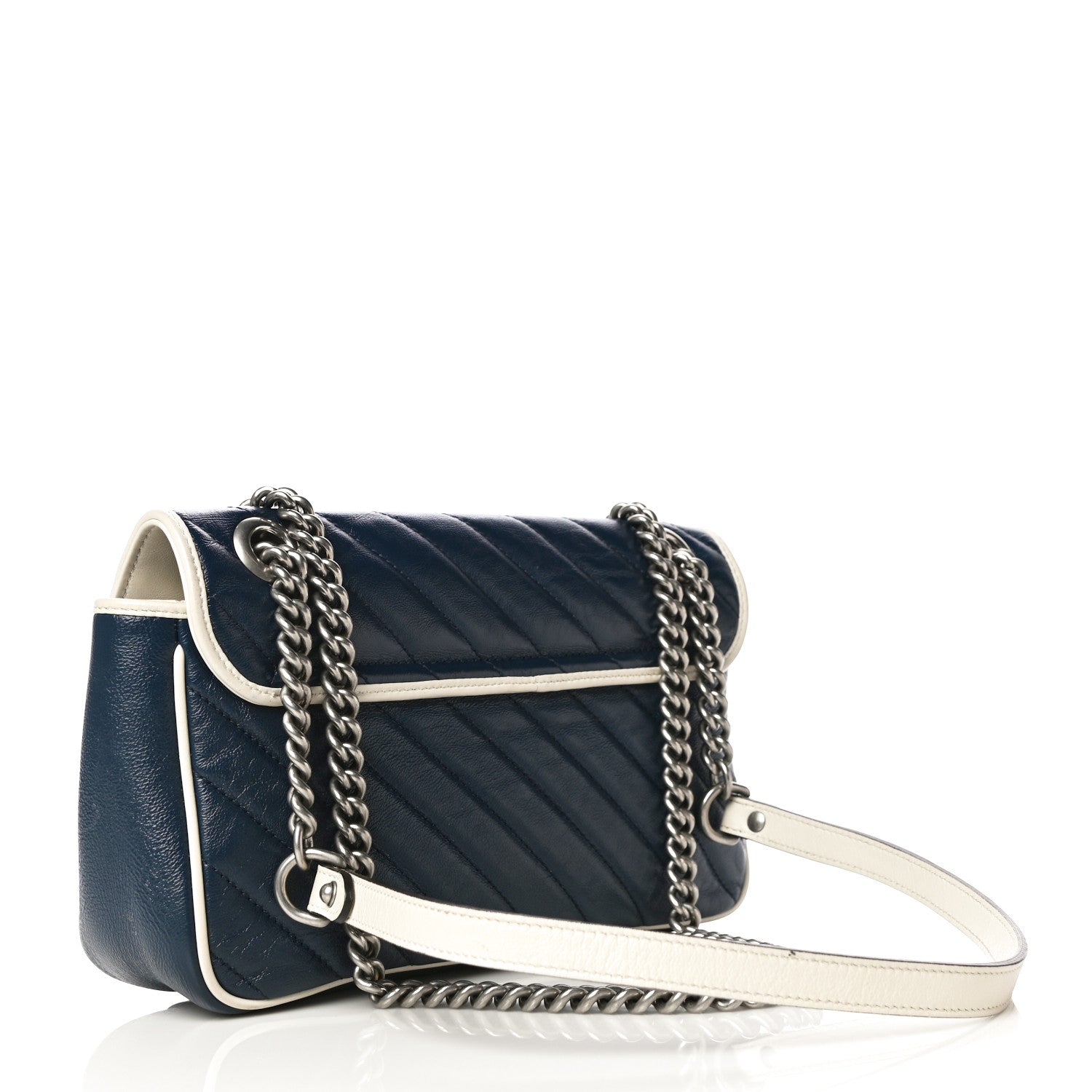 Gucci Vintage Effect Calfskin Matelasse Diagonal Small Torchon GG Marmont Shoulder Bag Blue Agata Mystic White 3 of 21