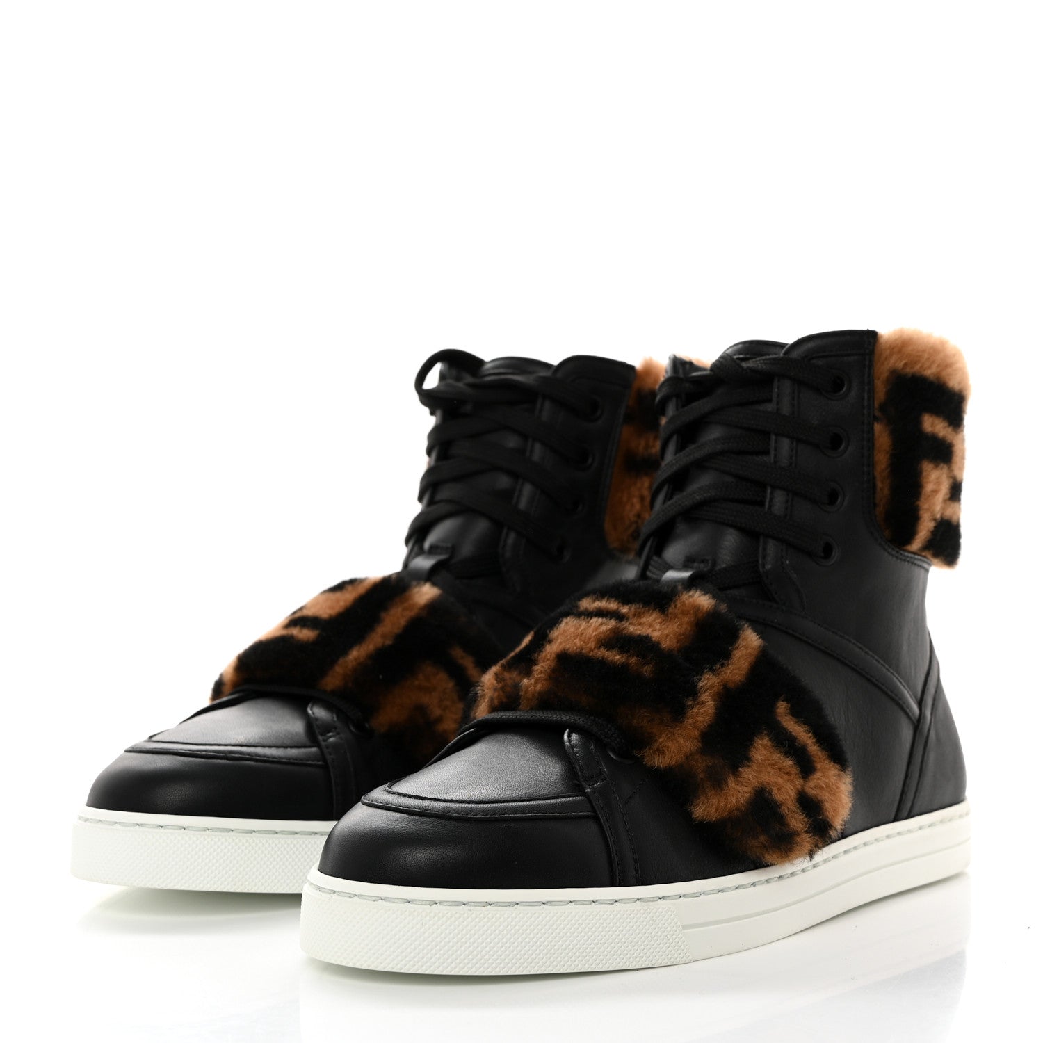 Fendi Vitello Shearling FF High Top Sneakers 38 Black 3 of 9