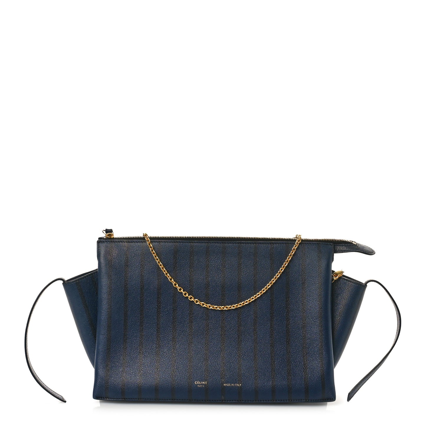 Grained Calfskin Striped Tri-Fold Clutch Midnight