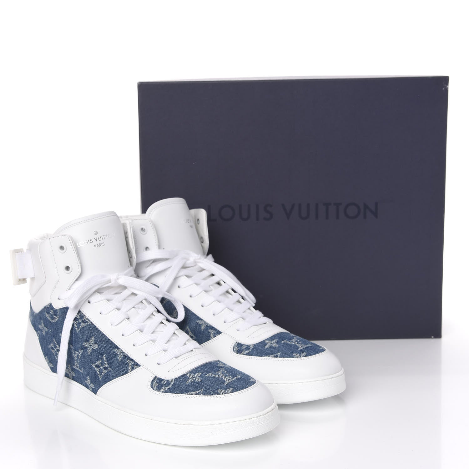 Louis Vuitton Calfskin Monogram Denim Rivoli High Top Sneakers 11.5 White 10 of 10