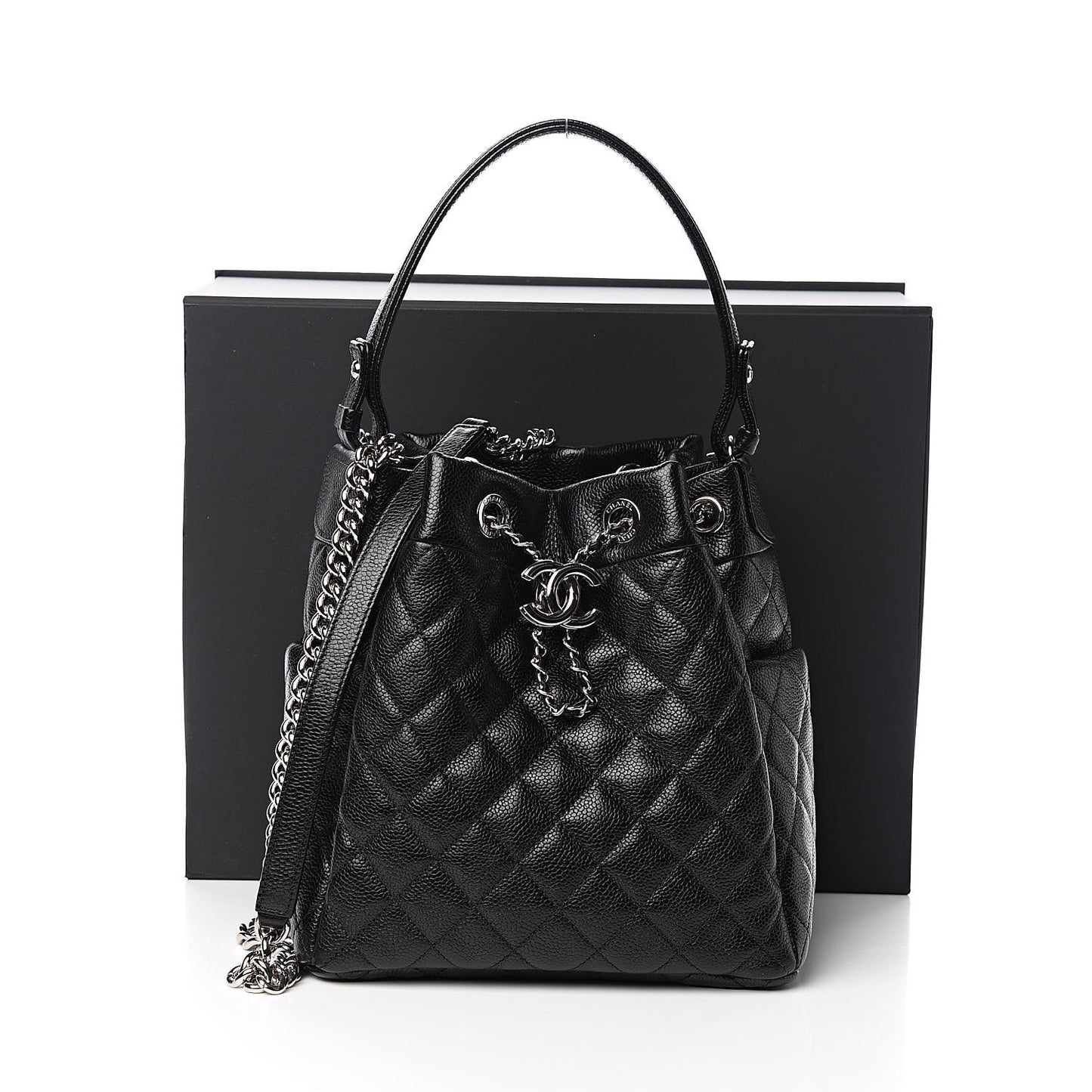 Grained Calfskin Quilted CC Chain Bucket Drawstring Bag Black