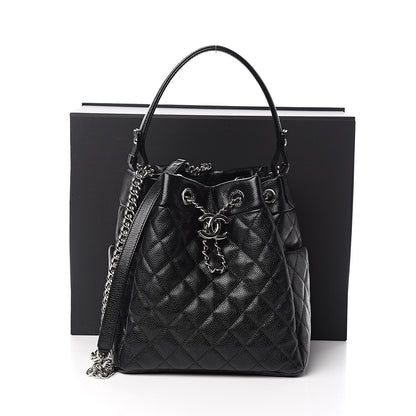 Chanel Grained Calfskin Quilted CC Chain Bucket Drawstring Bag Black 11 of 11