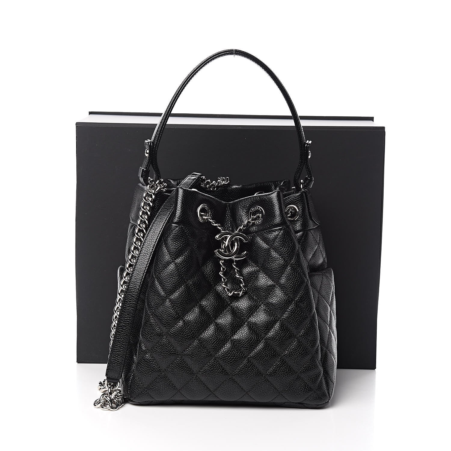 Chanel Grained Calfskin Quilted CC Chain Bucket Drawstring Bag Black 11 of 11