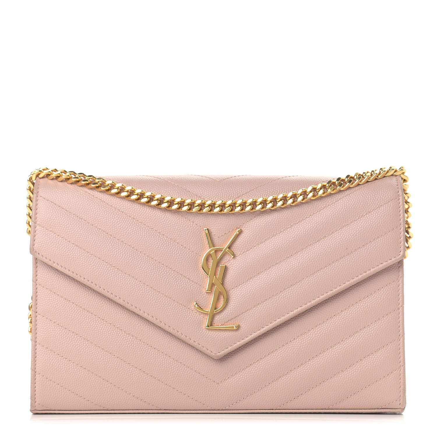 Saint Laurent Grain De Poudre Matelasse Chevron Monogram Chain Wallet Pale Pink 1 of 13