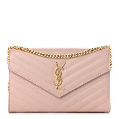 Saint Laurent Grain De Poudre Matelasse Chevron Monogram Chain Wallet Pale Pink 1 of 13