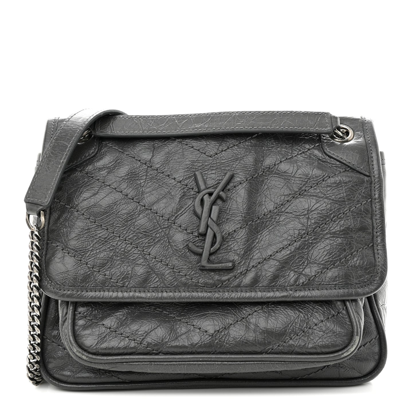 Crinkled Calfskin Matelasse Monogram Baby Niki Chain Satchel Storm