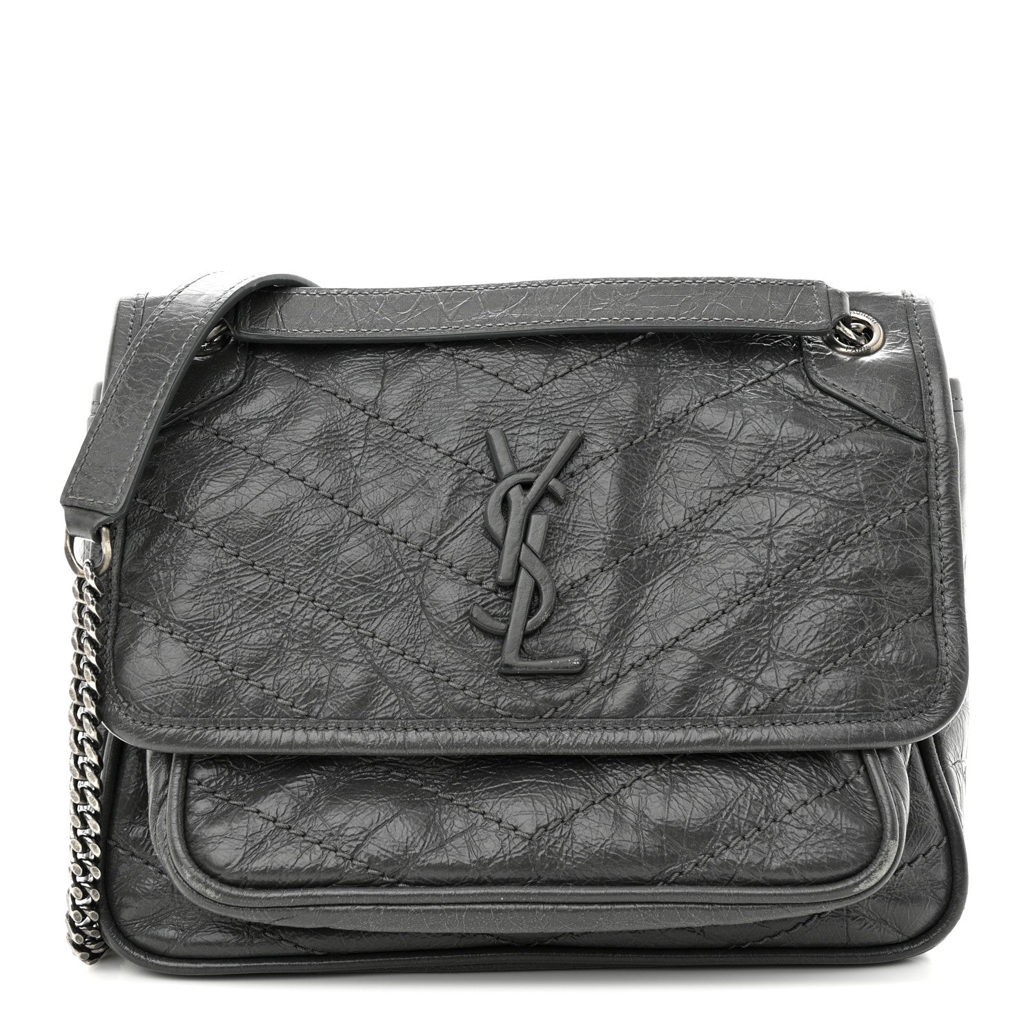 Saint Laurent Crinkled Calfskin Matelasse Monogram Baby Niki Chain Satchel Storm 1 of 15