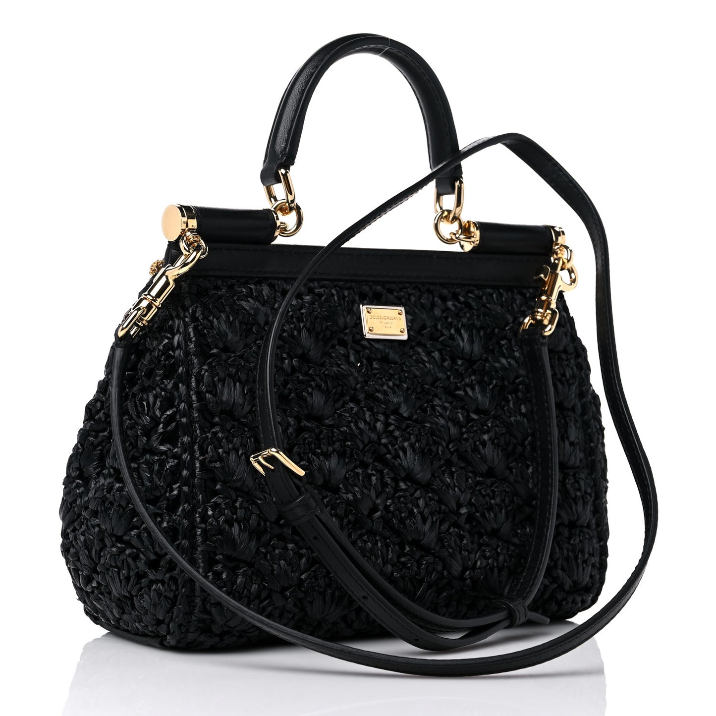 Raffia Crochet Coin Charm Medium Miss Sicily Satchel Black