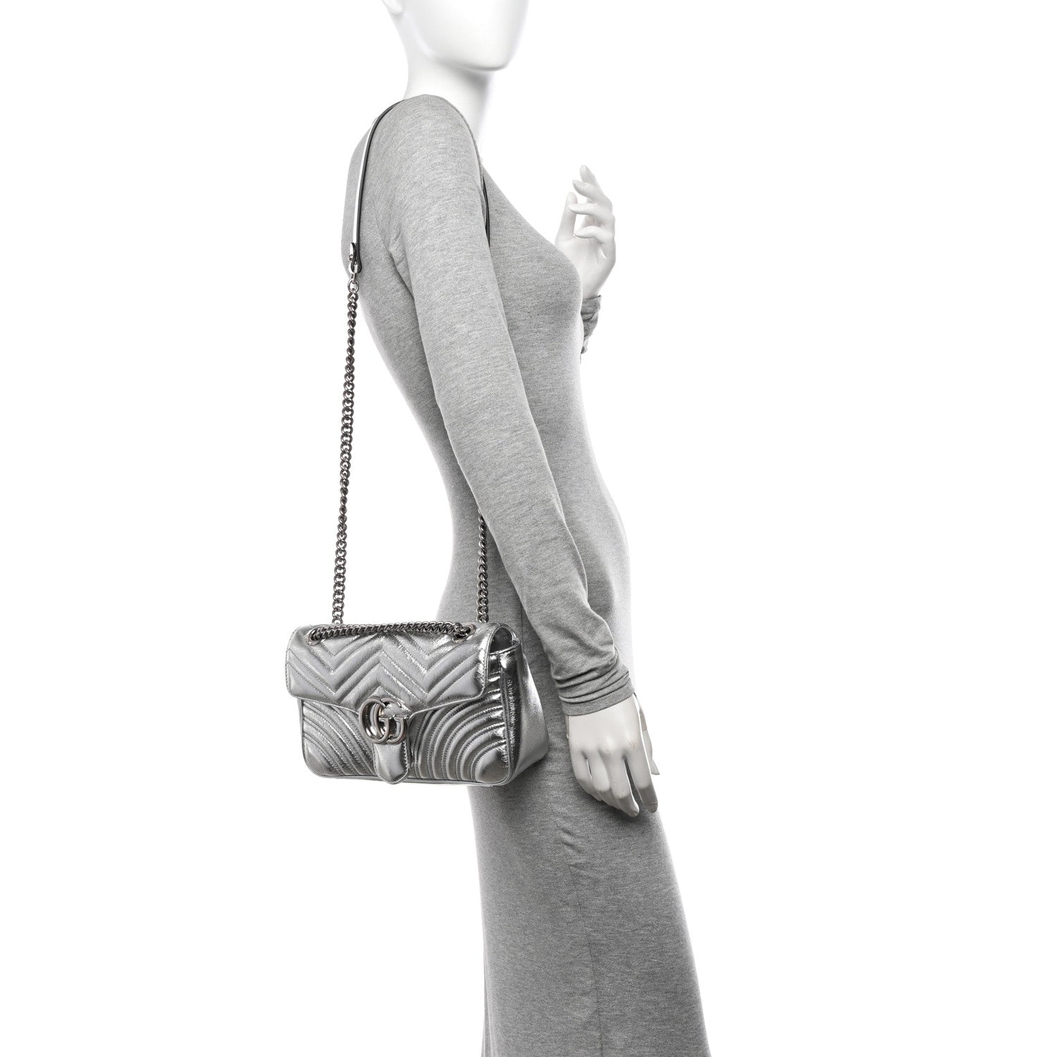 Gucci Metallic Calfskin Matelasse Small GG Marmont Shoulder Bag Silver 2 of 10