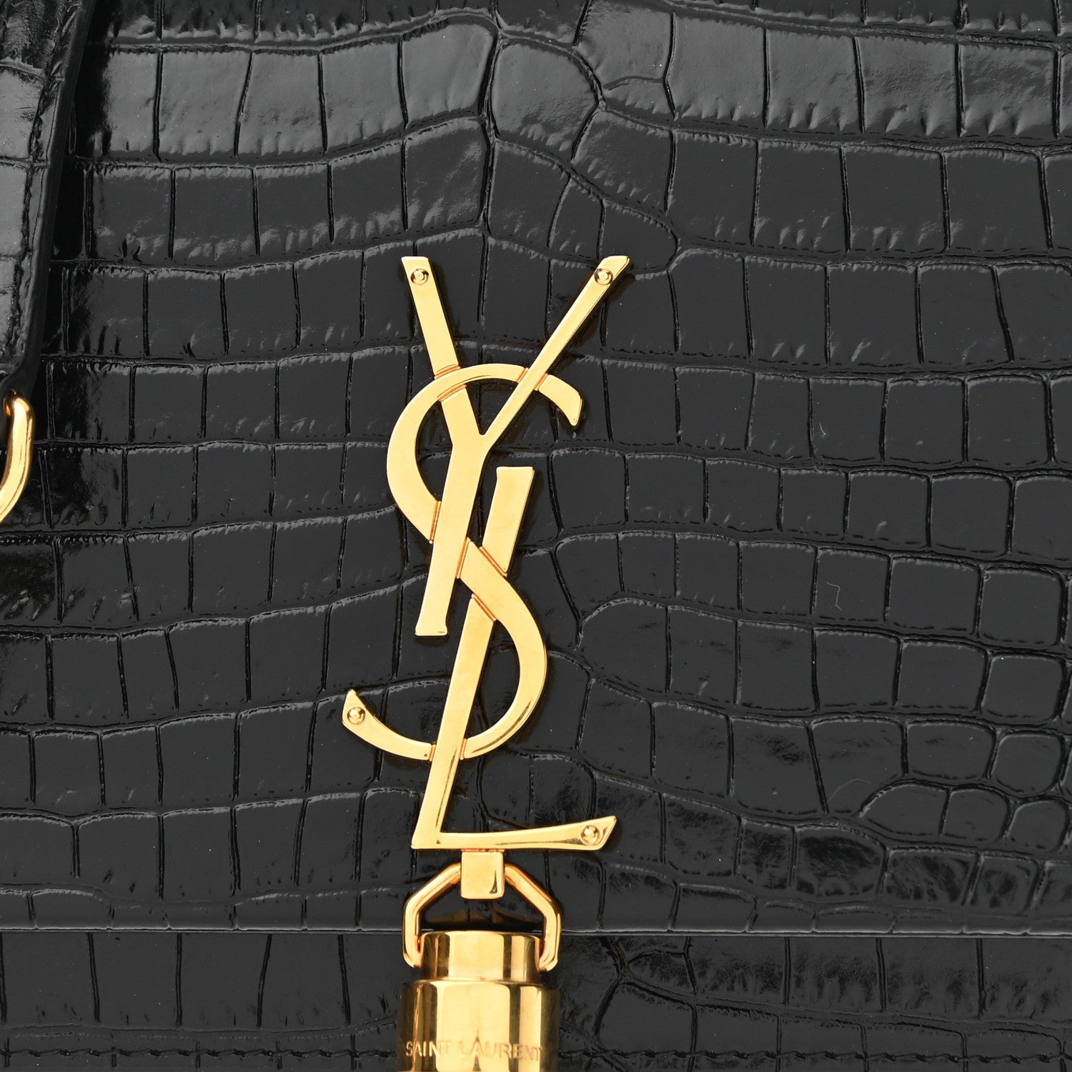 Saint Laurent Calfskin Crocodile Embossed Kate Monogram Tassel Chain Wallet Black 7 of 9
