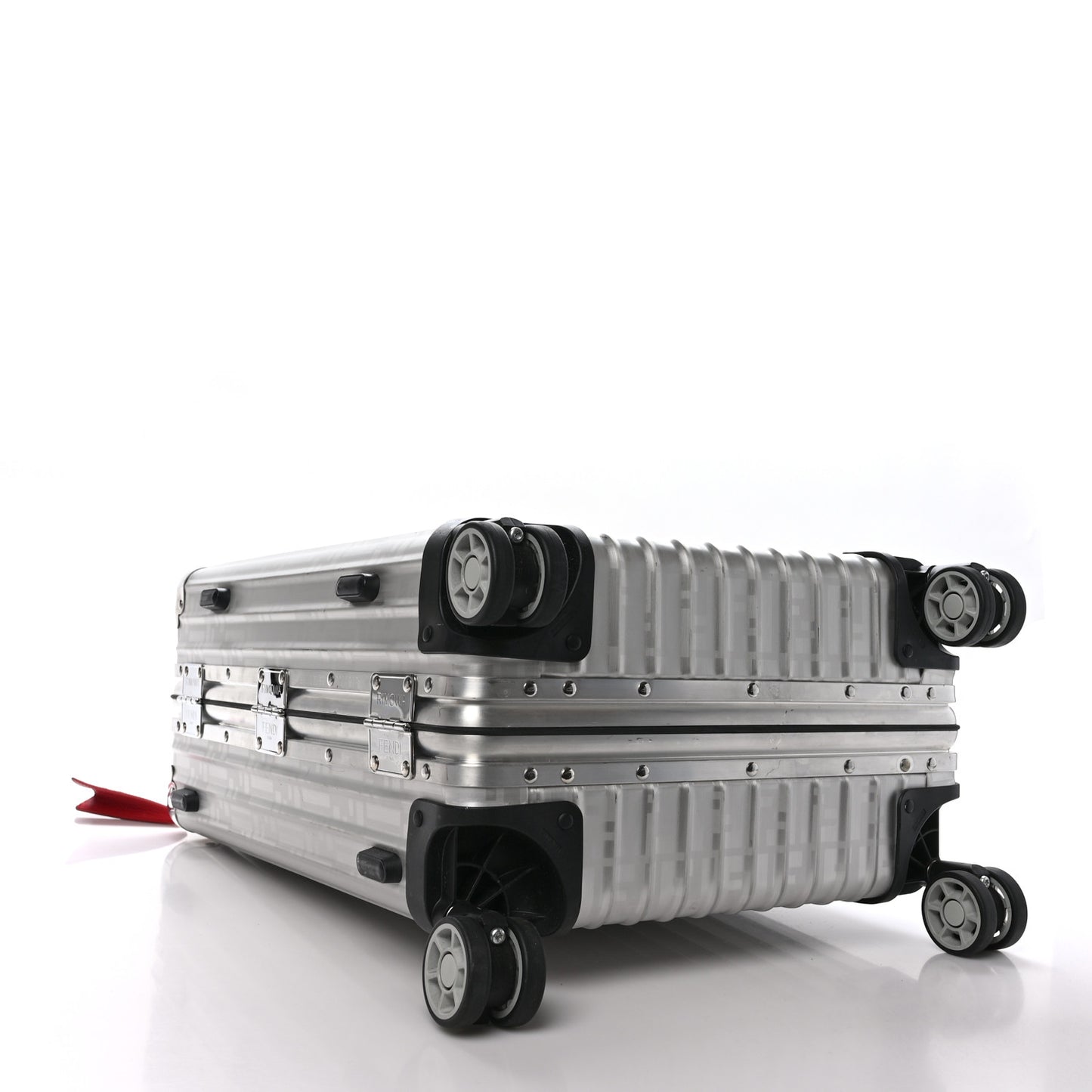 X RIMOWA Aluminum FF Print Roll Away Carry On Luggage Silver Red