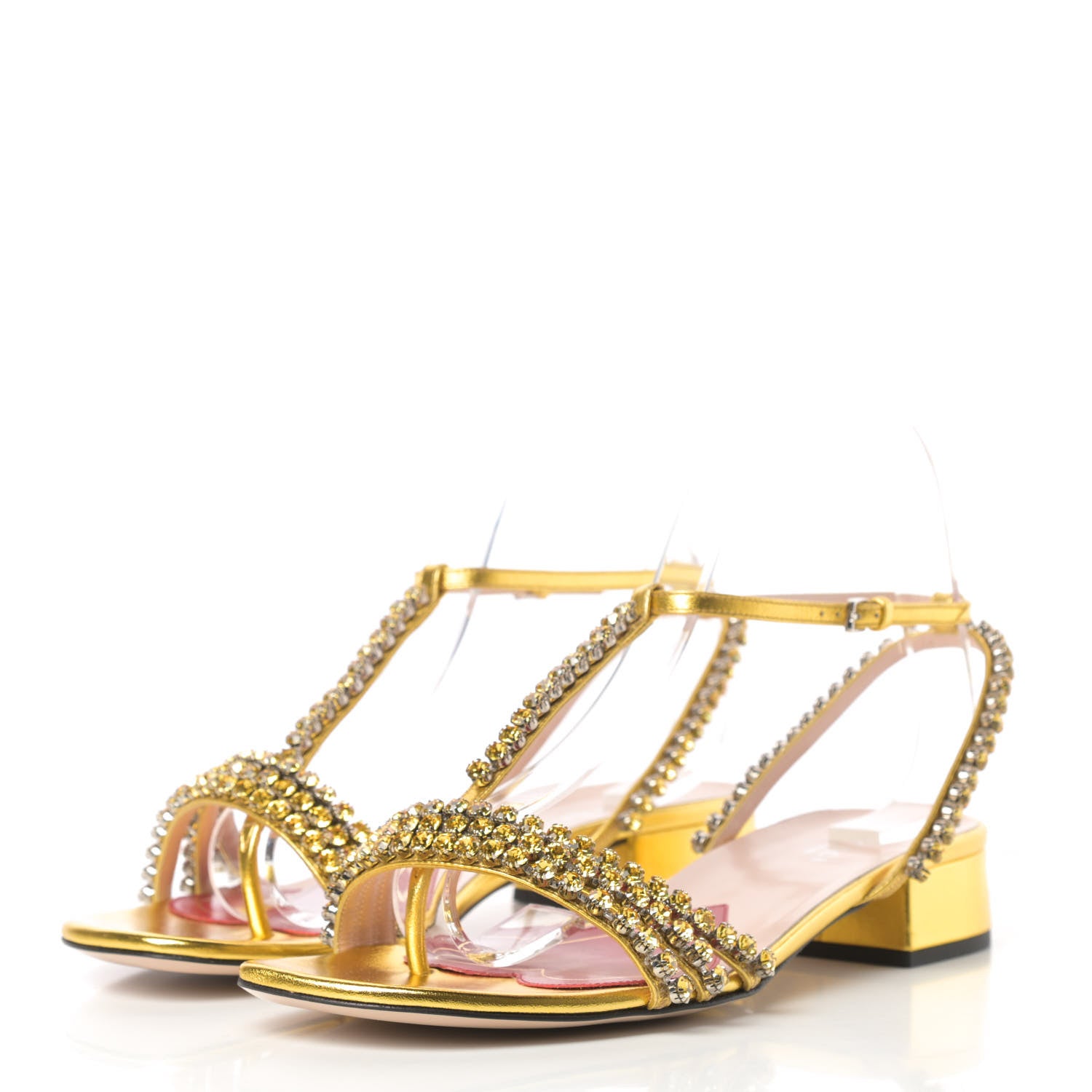 Gucci Nappa Silk Crystal Bertie T-Strap Low Heel Sandals 39 Gold 3 of 8