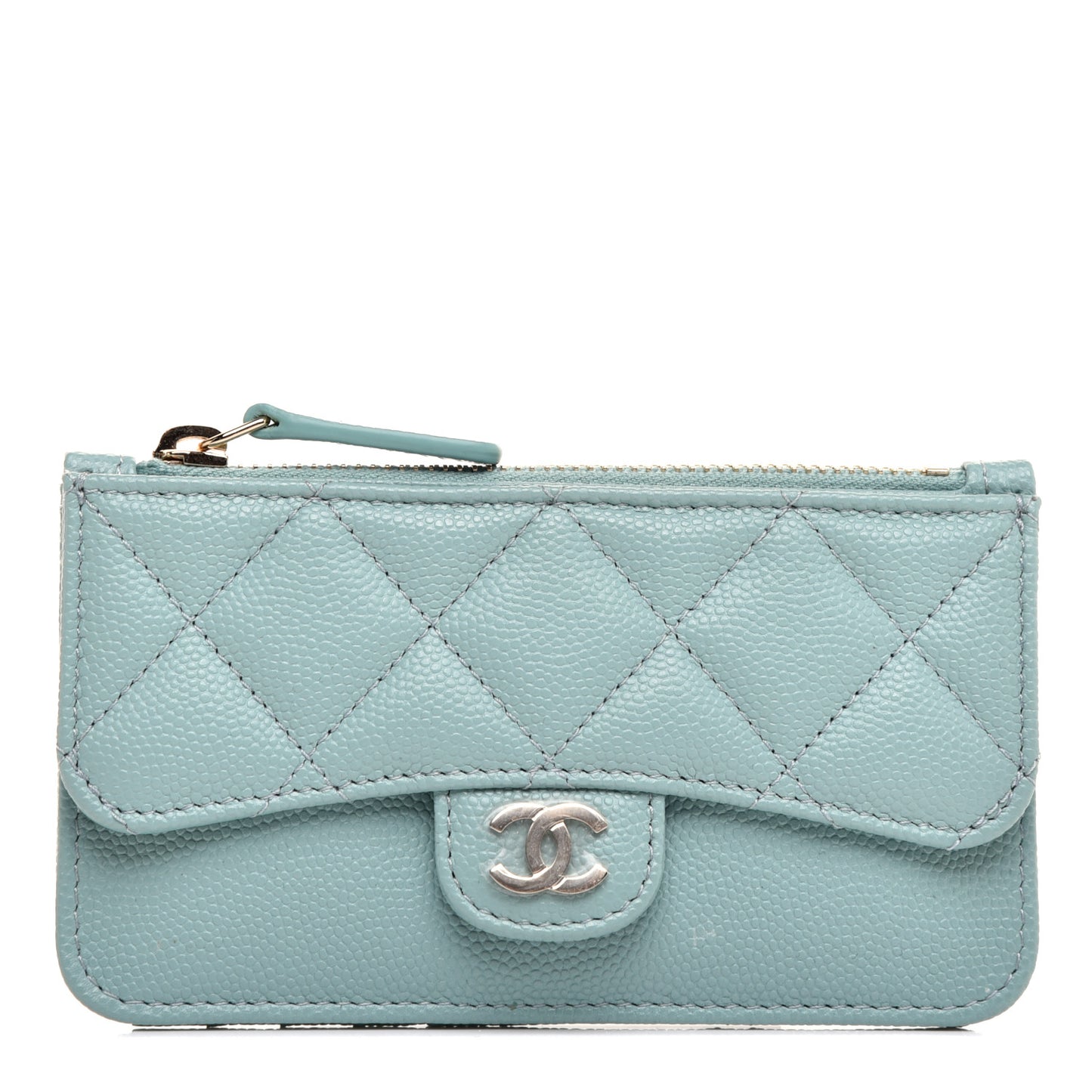 Caviar Quilted Flap Zip Card Holder Light Blue