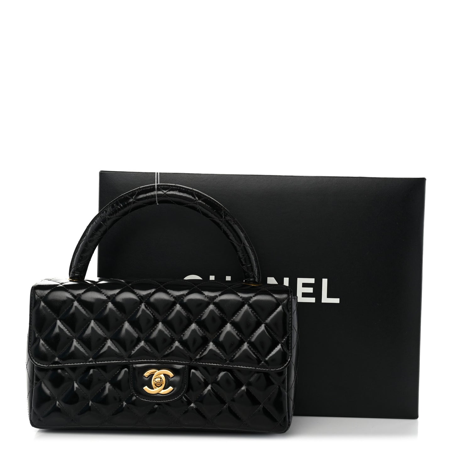 Patent Quilted Medium Rectangular Kelly Flap Bag Black
